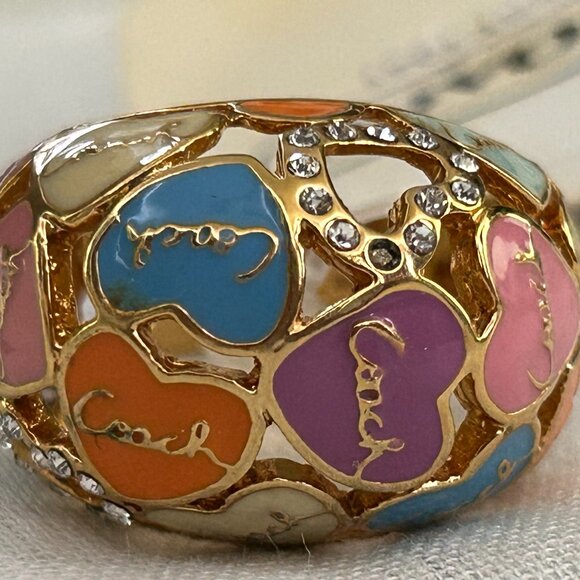 NWT 🦋 Coach 🌸 Women's Multicolor Enamel Signature Gold Tone Finger Ring sz 7